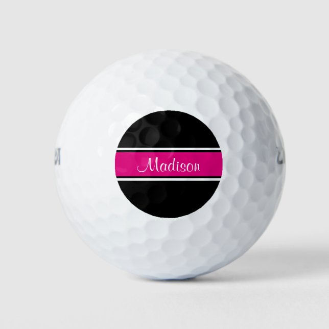 Balles De Golf Nom du script de bande rose chaud noir Monogramme (Devant)