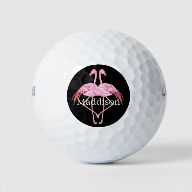 Balles De Golf Nom Monogramme moderne Flamant rose rose noir (Devant)