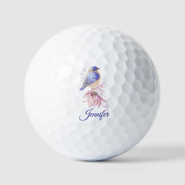 Balles De Golf Nom personnalisé Aquarelle Bluebird Garden Oiseau  (Recto)