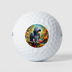 Balles De Golf Perroquet gris africain aux fleurs colorées