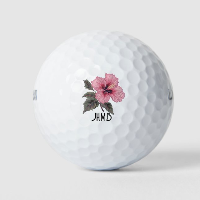 Balles De Golf Pink Hibiscus Tropical Flower Monogram Art (Devant)