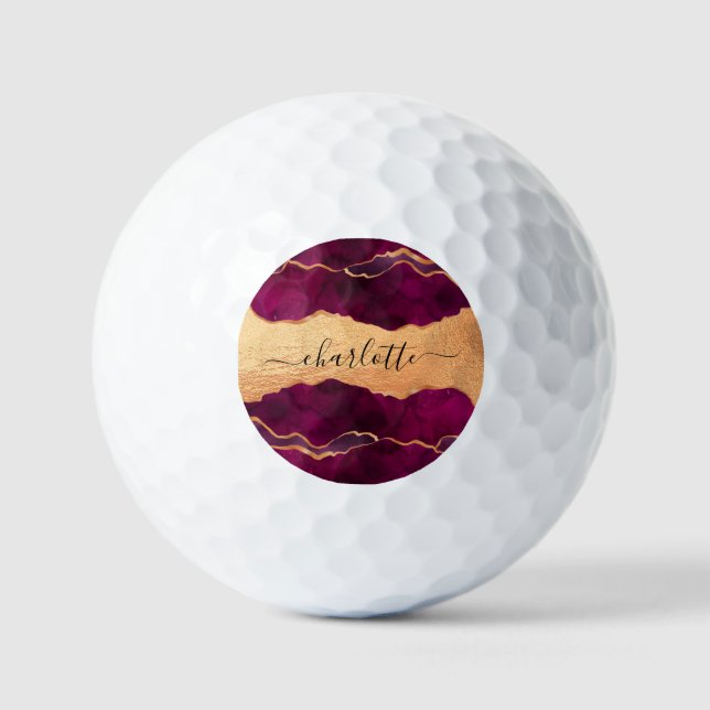 Balles De Golf Porte en or violet de Bourgogne marbre rose or nom (Recto)