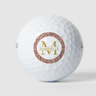 Balles De Golf Rose Gold Monogramme et Nom Pailleté Rose