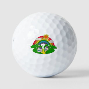 Balles De Golf Scène rurale de dessin animé avec arc-en-ciel et m