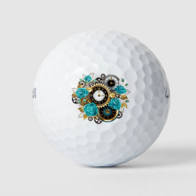 Balles De Golf Steampunk Clock and Turquoise Roses on Striped (Devant)