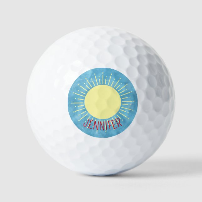 Balles De Golf Sunshine Jaune Dans Ciel Bleu Nom Personnalisé (Recto)