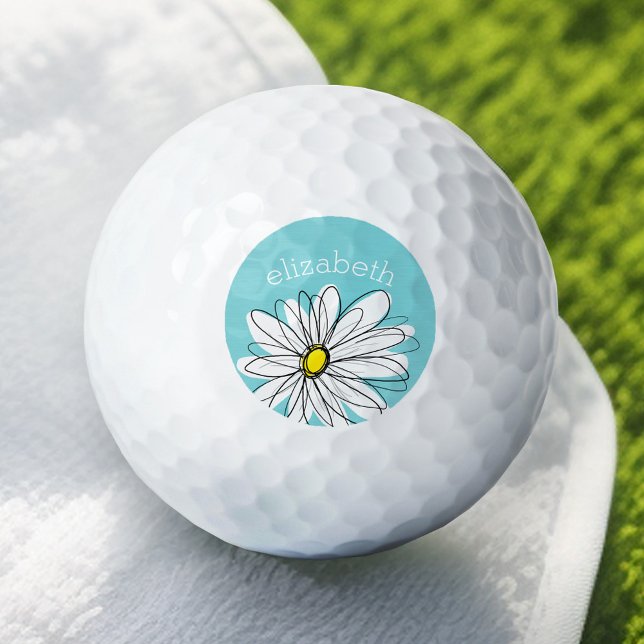 Balles De Golf Texte personnalisé Aqua et Jaune Whimsical Daisy (Add Your Name to this Personalized Golf Ball)