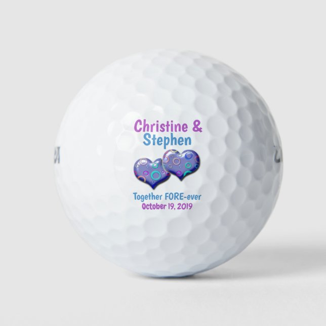 Balles De Golf Violet Bleu Deux Coeurs Joint Mariage Faveur (Devant)