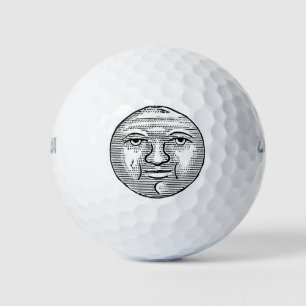 Balles De Golf Visage de la lune Yeux Ciel Nuit Vintage Noir Blan