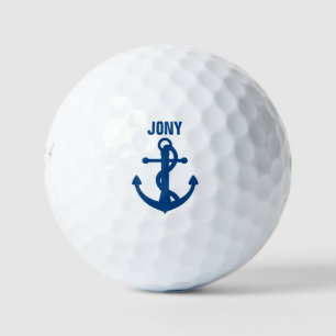 Balles De Golf Votre nom Funny Cool Navy Blue Ancre Monogramme