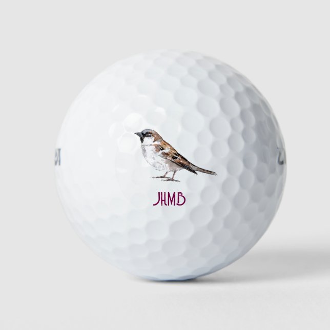 Balles De Golf Watercolor Cute Sparrow Bird Animal Monogram  (Devant)
