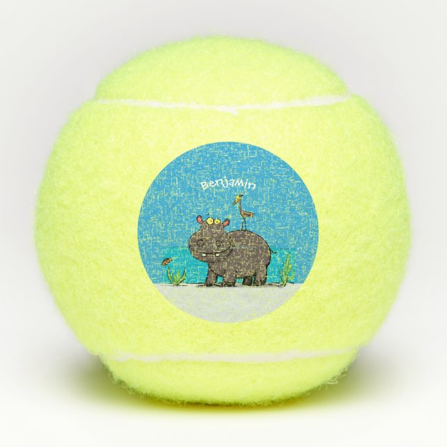 Balles De Tennis Ippopotame drôle mignon avec dessin animé d'oiseau (Devant)