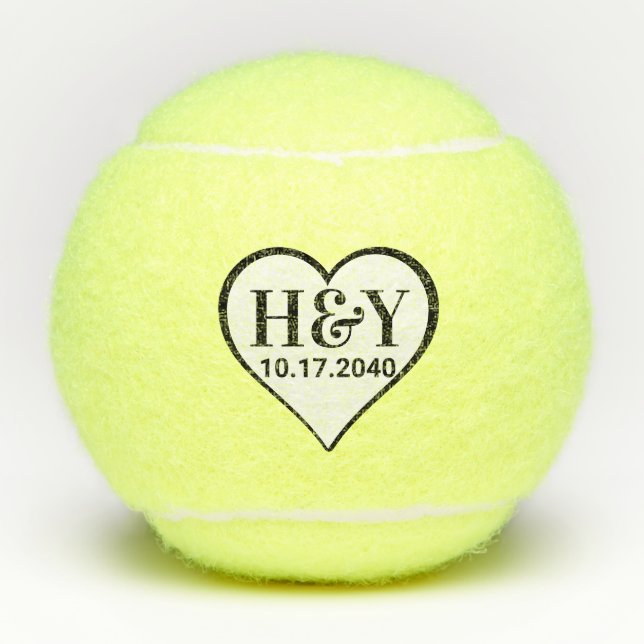 Balles De Tennis Mariage Initiales Monogramme Date Coeur (Devant)