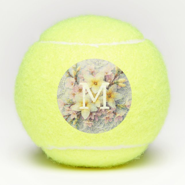 Balles De Tennis Monogram lace pink and yellow Spring flowers  (Devant)