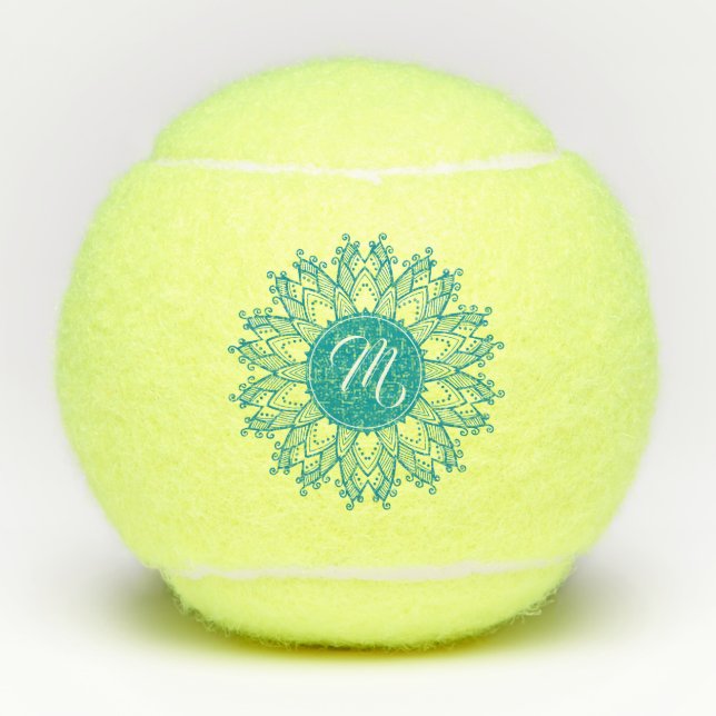 Balles De Tennis Monogramme de Mandala Floral bleu turquoise (Devant)