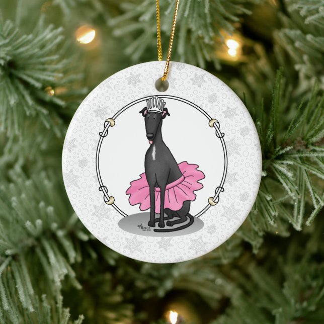 Ballet Ballerina Princess Greyhound Dog (black) Ceramic Ornament (Tree)