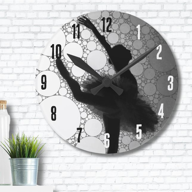 Ballet Black White Dancing Ballerina Round Clock (Cute Ombre Abstract Black White Dancing Ballerina Round Clock)