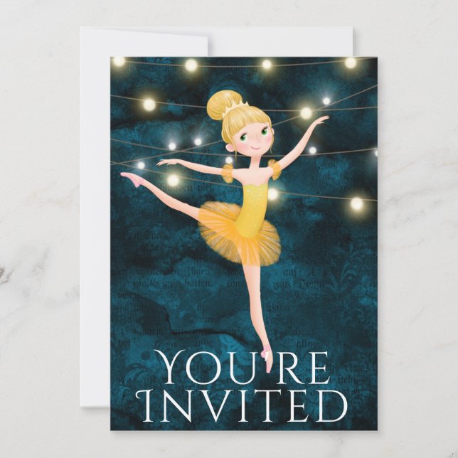 Ballet Blue and Yellow Blonde Ballerina Birthday Invitation (Front)