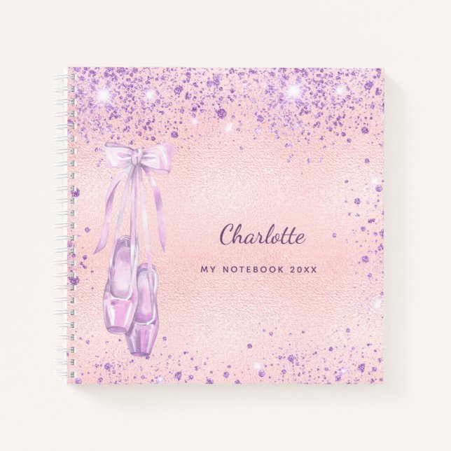 Ballet dance blush pink purple glitter monogram notebook (Front)