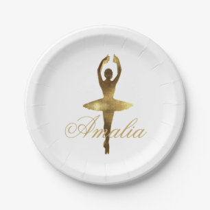 Ballet Dance Party Gold Ballerina Add Name or Text Paper Plate