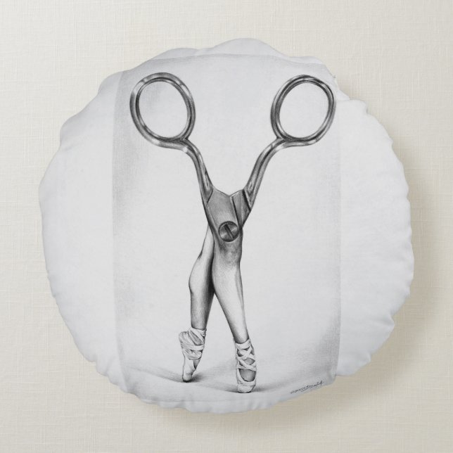 Ballet dance Scissors Ballerina Surreal drawing Round Pillow (Back)