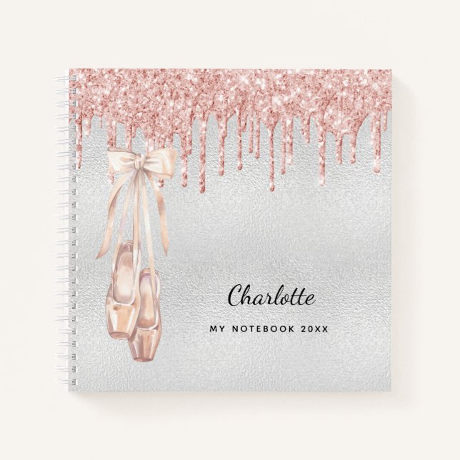 Ballet dance silver rose gold glitter monogram notebook (Front)