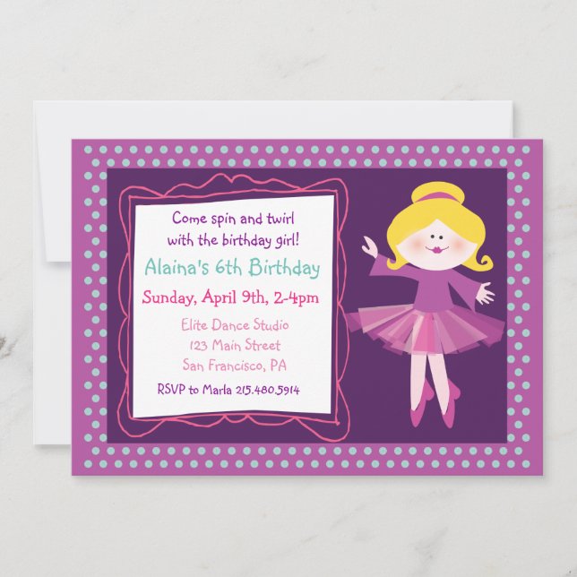Ballet Dancer Fête Enfants Invitation Anniversaire (Devant)