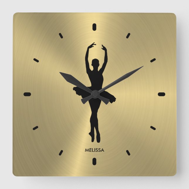  Ballet Dancer Silhouette On Metallic Gold Square Wall Clock (Front)