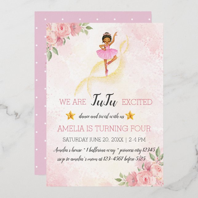 Ballet Floral rose Invitation d'anniversaire (Recto/Verso)