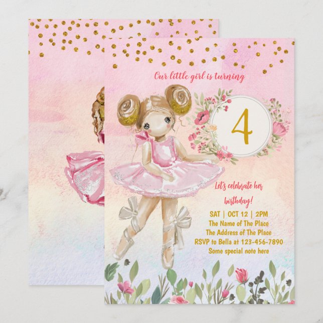 Ballet Girl rose Anniversaire Fête Invitation (Devant / Derrière)