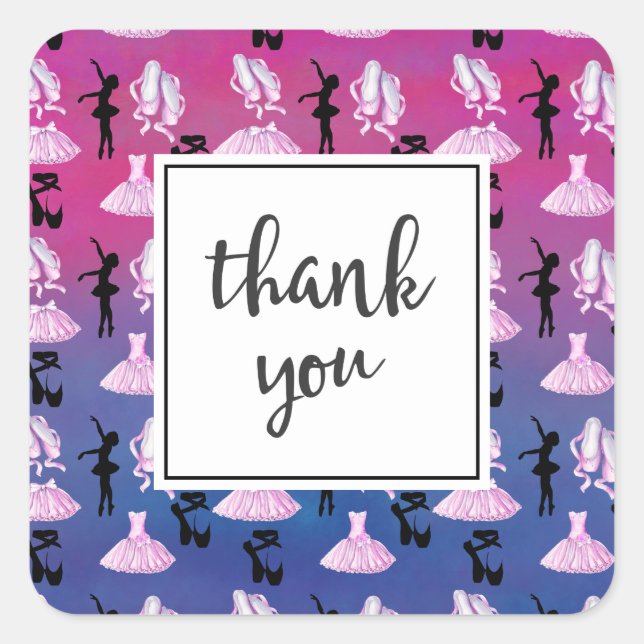 Ballet Pattern on Pink and Blue Gradient Thank You Square Sticker (Front)