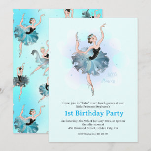 Ballet Princess 1st Birthday Pastel Illustration Invitation