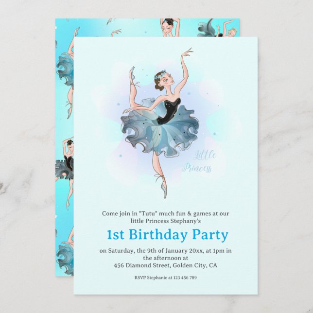 Ballet Princess 1st Birthday Pastel Illustration Invitation (Front/Back)