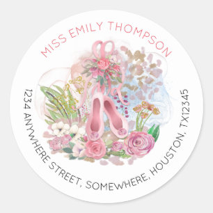 Ballet Shoes Floral Name Return Address Classic Round Sticker