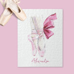 Ballet Slippers Custom Name or Text Jigsaw Puzzle<br><div class="desc">This beautiful puzzle features an elegant pair of pointe shoes, rendered in soft pastel hues of pink and white, capturing the grace and poise of ballet. The delicate ribbon ties and a vibrant pink bow add a charming touch. Below the illustration, a customizable name in an elegant script font allows...</div>