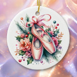 Ballet Slippers, Flowers Personalized Christmas Ceramic Ornament<br><div class="desc">Personalized Christmas ornament with cute watercolor pink ballet shoes with pink flowers and a custom message on the back with pretty gold border.</div>