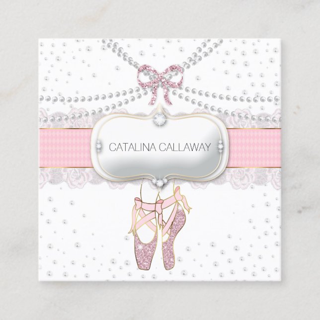 Ballet Slippers Pearls Pink Glitter Lace Jewellery Square Business Card (Front)