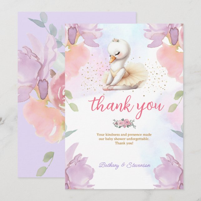 Ballet Swan Baby Girl Shower Thank You Card (Front/Back)