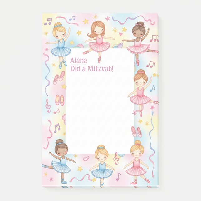 Ballet Theme Ballerina Dancer Personalized Mitzvah Post-it Notes (Front)