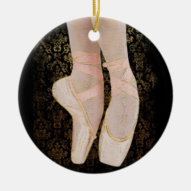 Ballet Toe Shoes - Black Pink Gold Ceramic Ornament (Front)