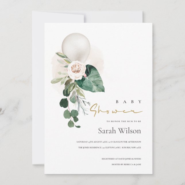BALLON BLANC EN ARGENT INVITATION BABY SHOWER FLOR (Devant)