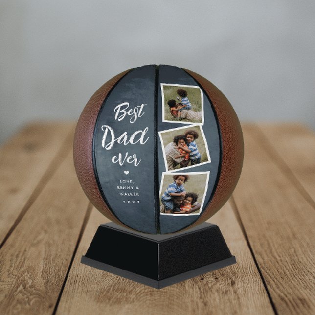 Ballon De Basket Best Dad Ever 3 Photo Fête des pères College (Personalized dad gift with 3 photo collage and modern handwritten script Best Dad Ever!)