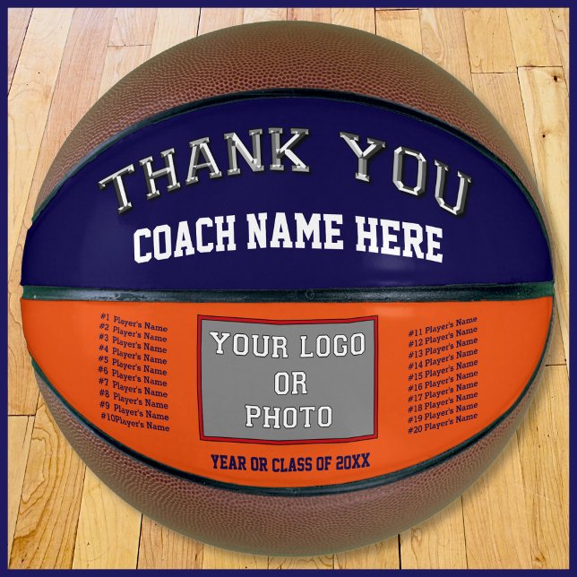 Ballon De Basket Bleu Marine, Orange, Merci entraîneur, Basket phot (Christmas gift ideas for basketball coach.  Blue and Orange, Basketball for Coach. Custom Basketball)
