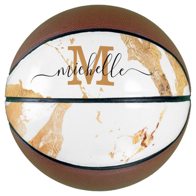 Ballon De Basket Élégant Marbre blanc Monogramme de luxe Gold Foil (Devant)
