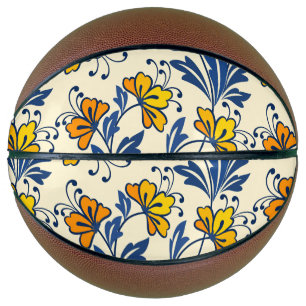 Ballon De Basket Fleur Bleue Feuillue de Style Folk Orange Jaune Vi