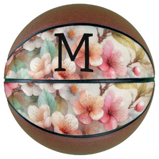 Ballon De Basket Floral watercolor monogram pink cherry blossoms 