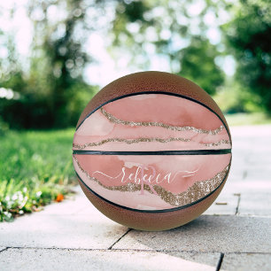 Ballon De Basket Marbre Or Rose Monogramme Calligraphie Script Nom