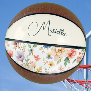 Ballon De Basket Nom élégant floral boho aquarelle script