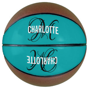 Ballon De Basket Nom monogramme de script turquoise moderne