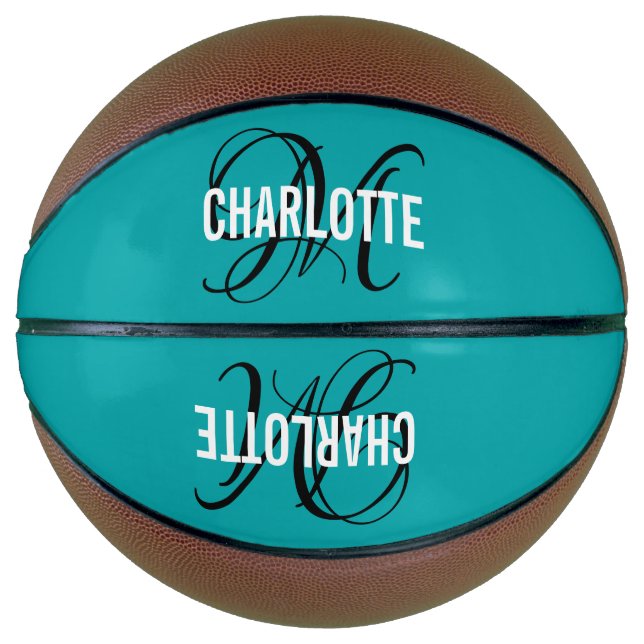 Ballon De Basket Nom monogramme de script turquoise moderne (Devant)